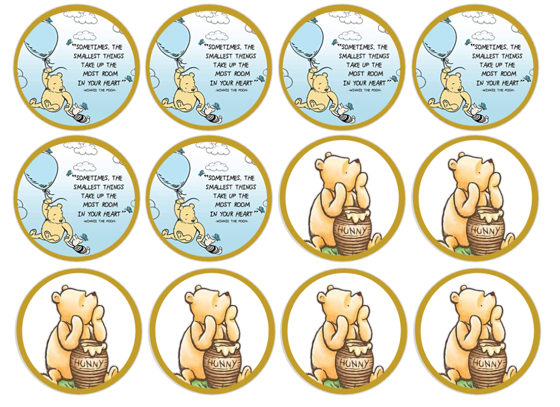 Set of 12 "Classic Pooh with gold border" pre cut edible image discs for desserts, drink toppers, choose your size