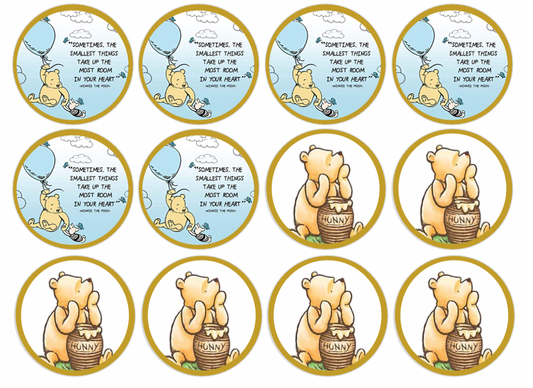 Set of 12 "Classic Pooh with gold border" pre cut edible image discs for desserts, drink toppers, choose your size