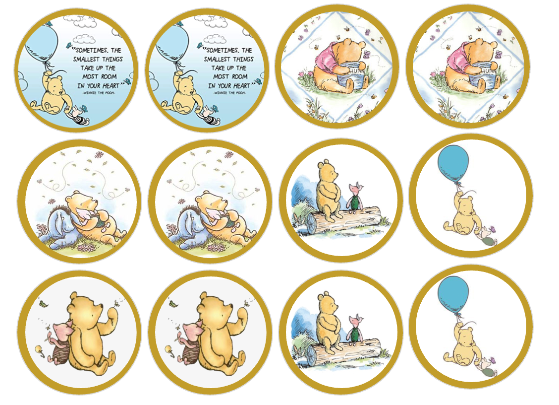 Set of 12 "Classic Pooh with gold border" pre cut edible image discs for desserts, drink toppers, choose your size