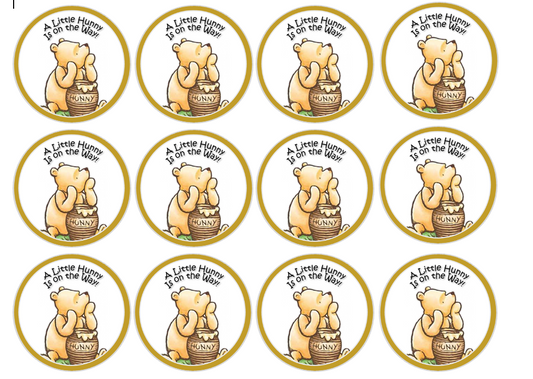 Set of 12 "Classic Pooh, A little hunny is on the way with gold border" pre cut edible image discs for desserts, drink toppers, choose your size