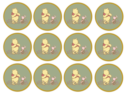 Set of 12 "Sage Green Classic Pooh with gold border" pre cut edible image discs for desserts, drink toppers, choose your size