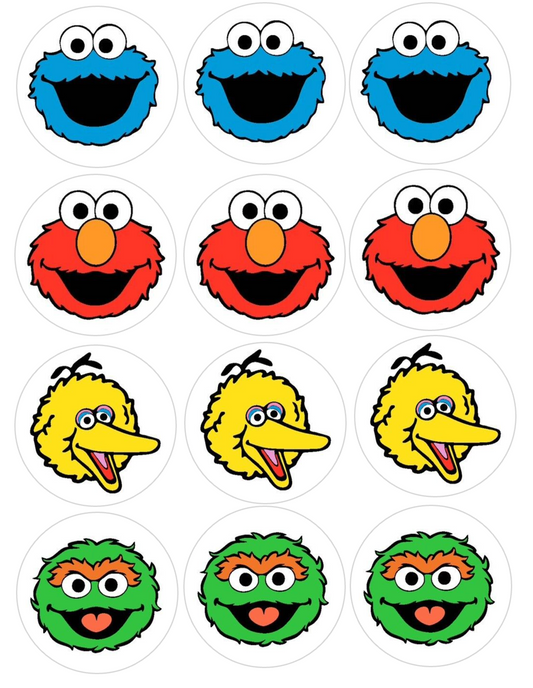 Set of 12 "Sesame Street" pre cut edible image discs for desserts, drink toppers, choose your size