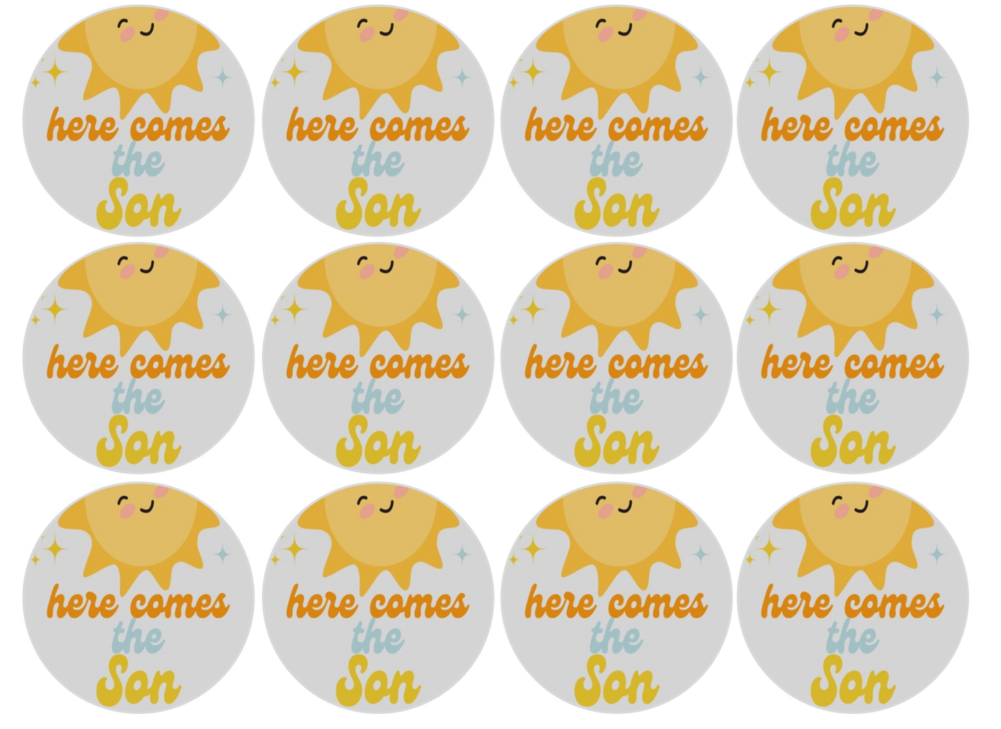 Set of 12 "Here Comes the Son, Baby Shower" pre cut edible image discs for desserts, drink toppers, choose your size