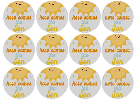 Set of 12 "Here Comes the Son, Baby Shower" pre cut edible image discs for desserts, drink toppers, choose your size