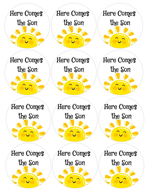 Set of 12 "Here Comes the Son, Baby Shower" pre cut edible image discs for desserts, drink toppers, choose your size