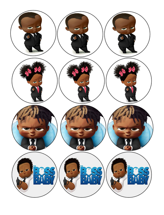 Set of 12 "Boss Baby" pre cut edible image discs for desserts, drink toppers, choose your size