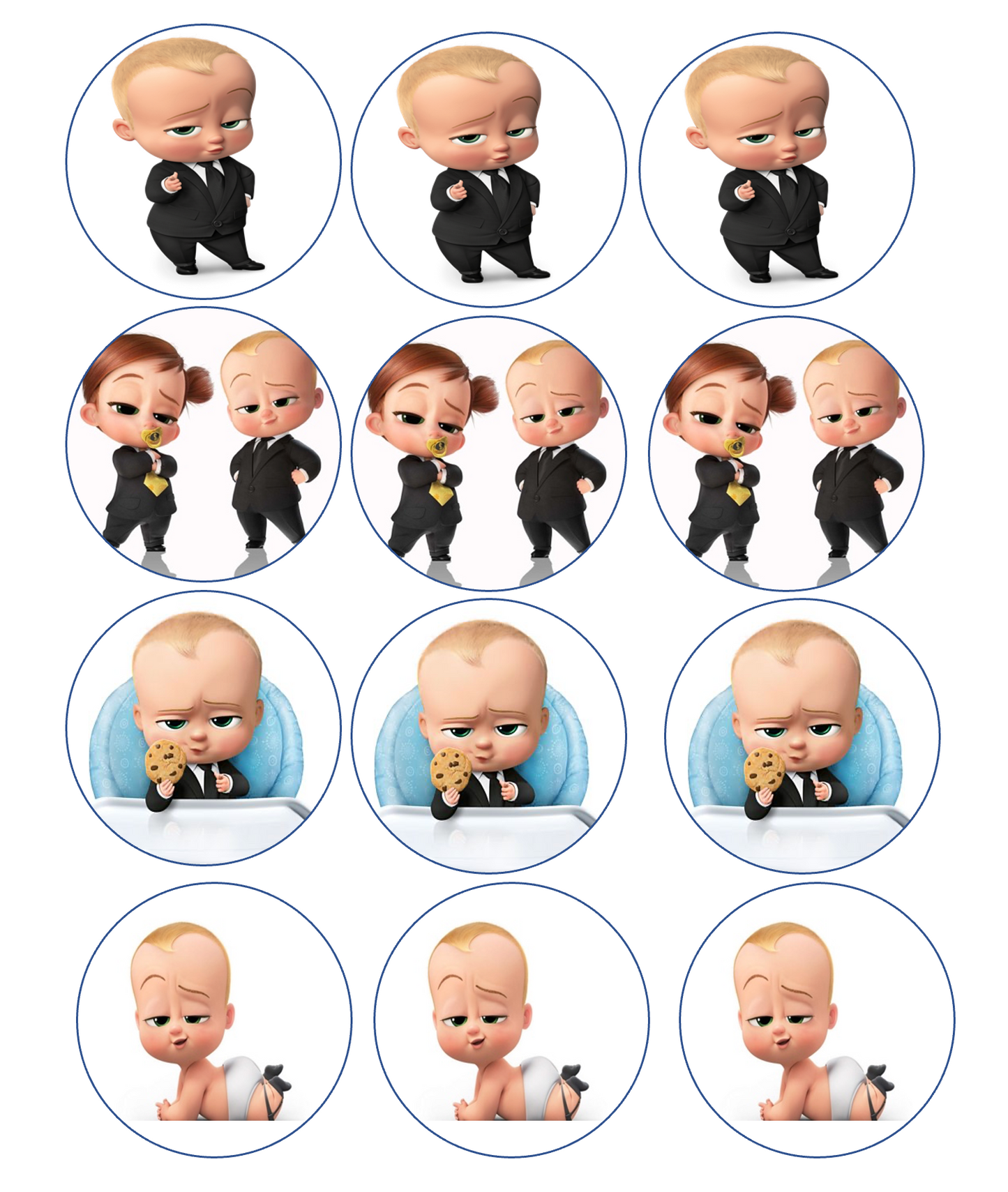 Set of 12 "Boss Baby" pre cut edible image discs for desserts, drink toppers, choose your size