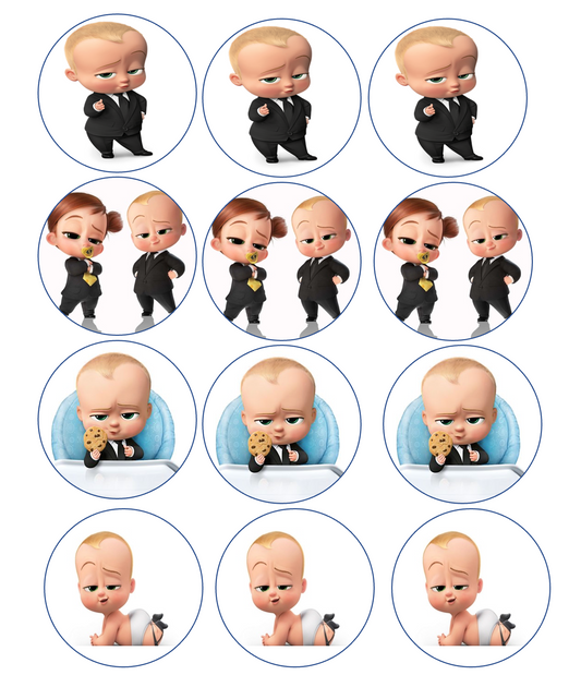 Set of 12 "Boss Baby" pre cut edible image discs for desserts, drink toppers, choose your size