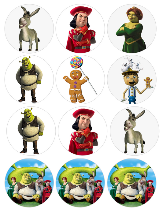 Set of 12 "Shrek" pre cut edible image discs for desserts, drink toppers, choose your size