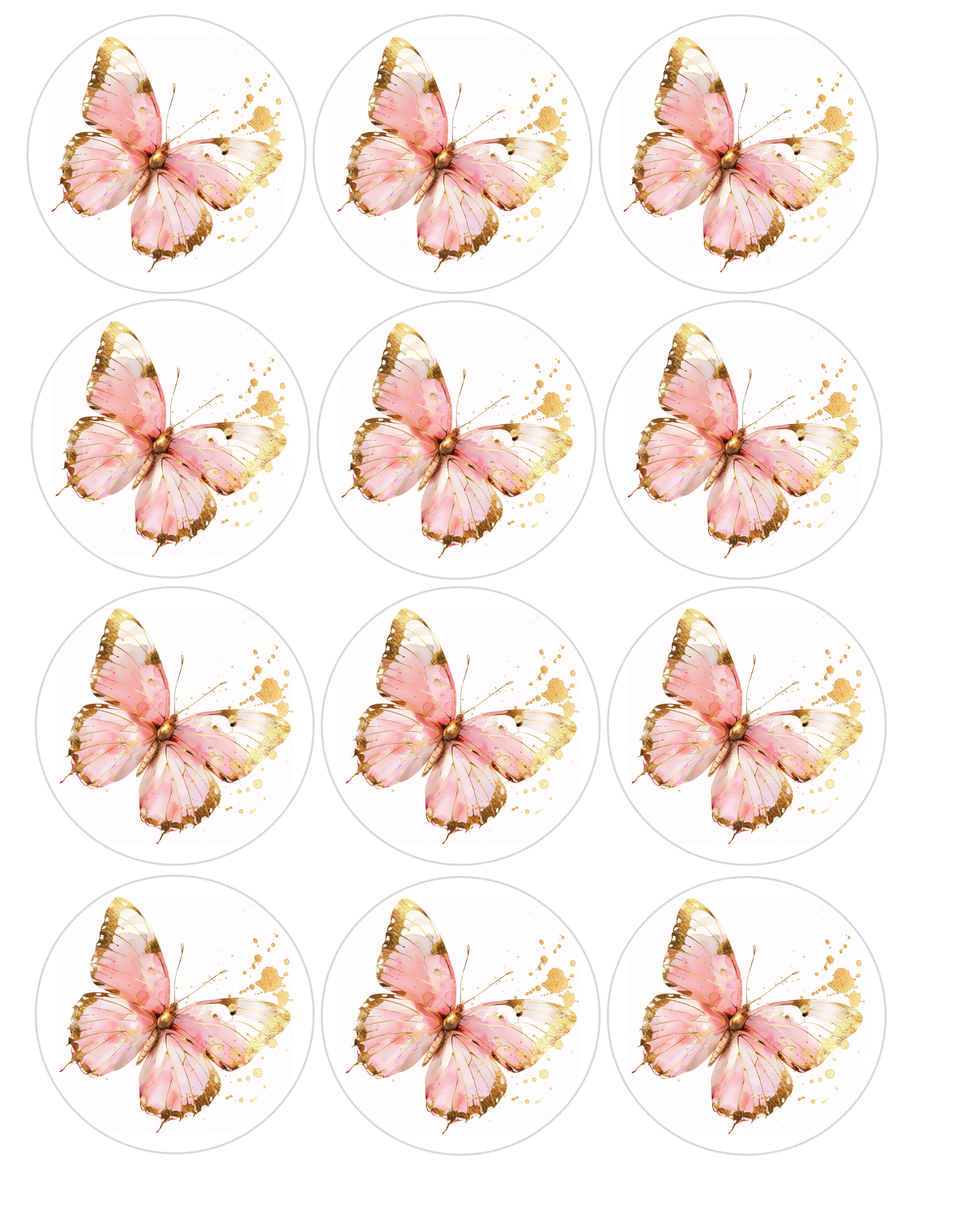 Set of 12 "Pink and Gold Butterfly" pre cut edible image discs for desserts, drink toppers, choose your size