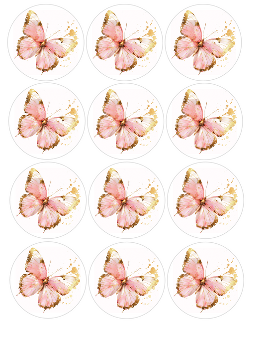 Set of 12 "Pink and Gold Butterfly" pre cut edible image discs for desserts, drink toppers, choose your size