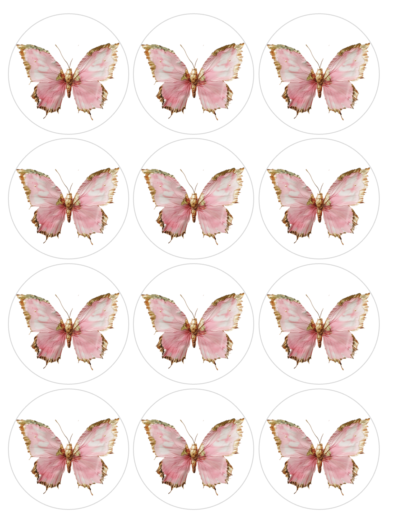 Set of 12 "Pink and Gold Butterfly" pre cut edible image discs for desserts, drink toppers, choose your size