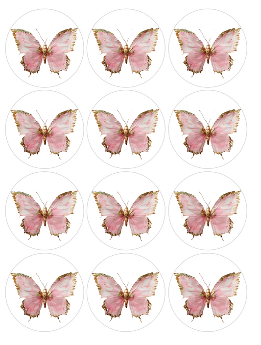 Set of 12 "Pink and Gold Butterfly" pre cut edible image discs for desserts, drink toppers, choose your size