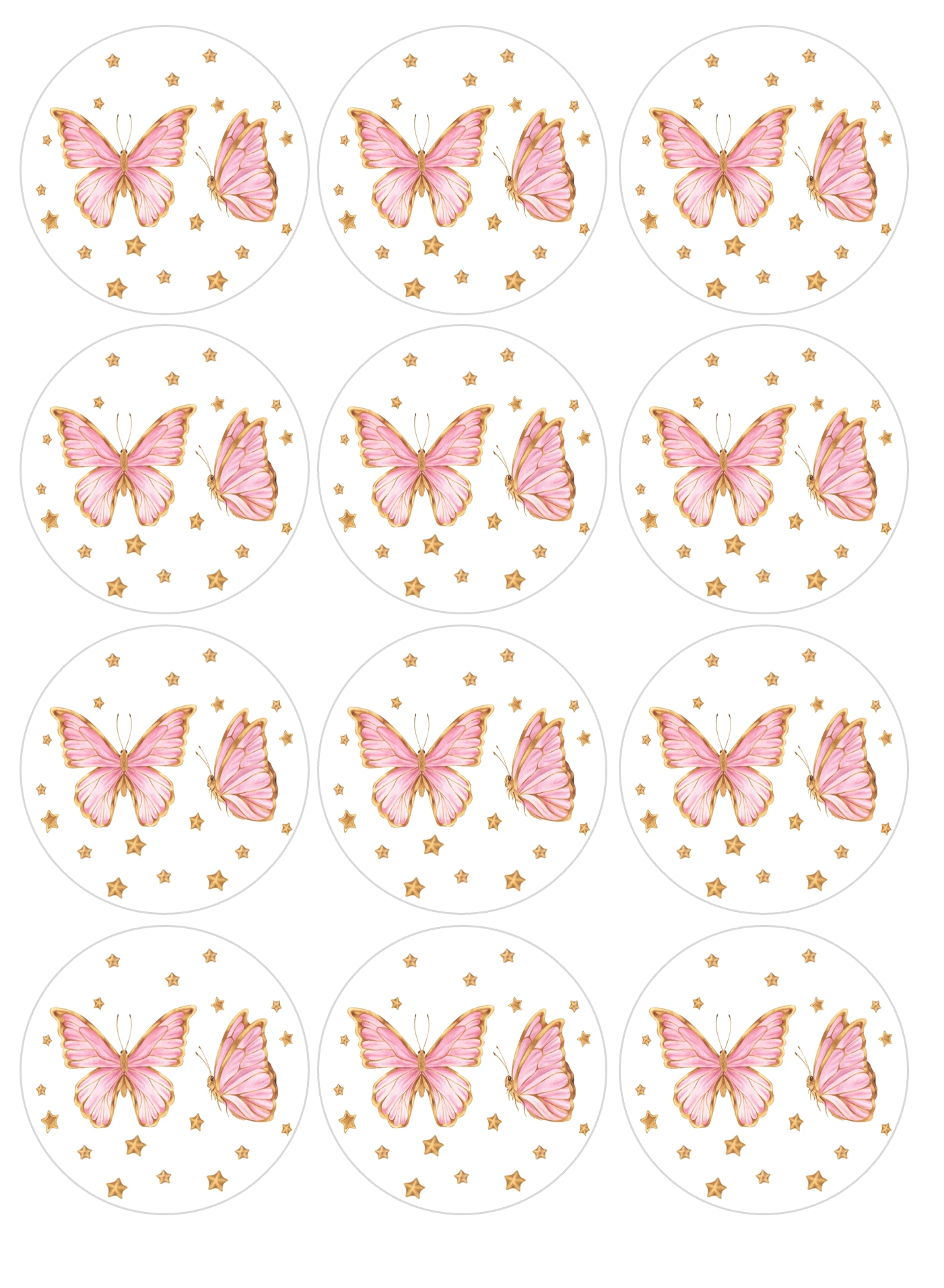 Set of 12 "Pink and Gold Butterflies" pre cut edible image discs for desserts, drink toppers, choose your size