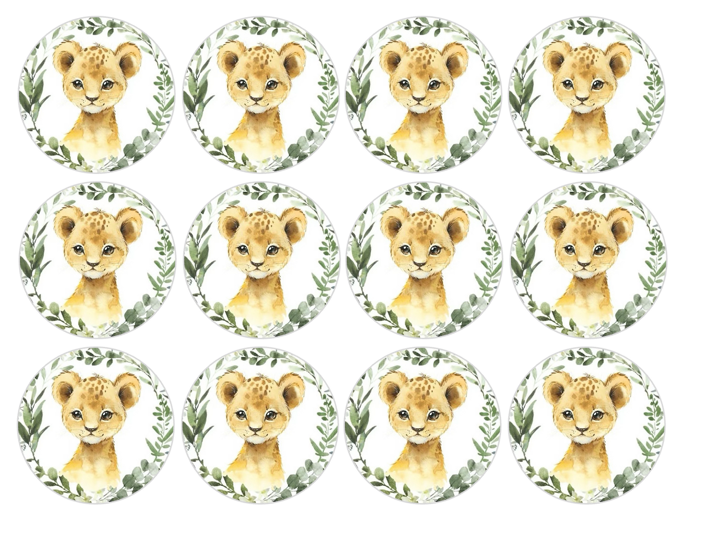 Set of 12 "Baby Lion" pre cut edible image discs for desserts, drink toppers, choose your size