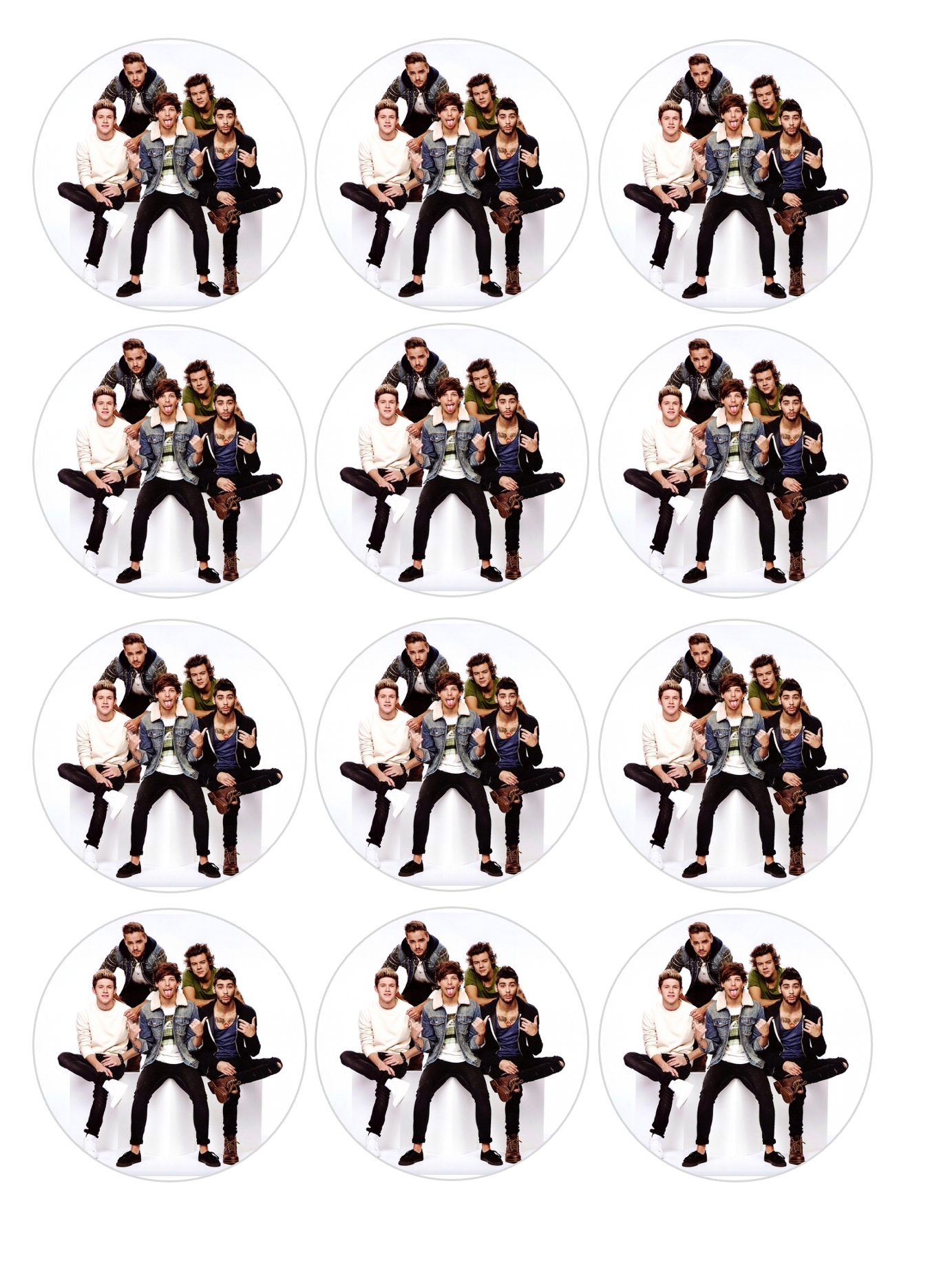 Set of 12 One Direction, pre cut edible image discs for desserts, choose your size