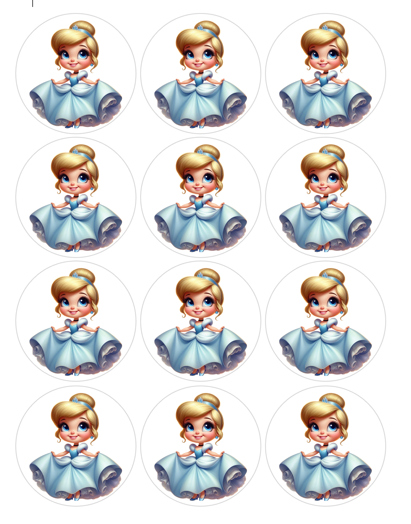 Set of 12 Cinderella pre cut edible image discs for desserts, choose your size