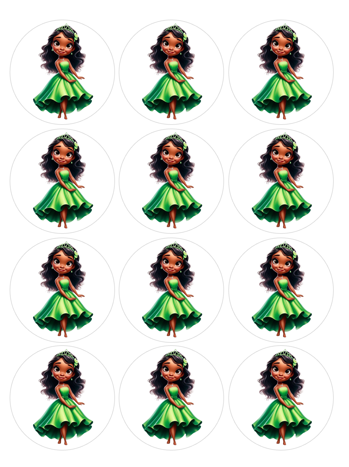 Set of 12 Princess Tiana pre cut edible image discs for desserts, choose your size