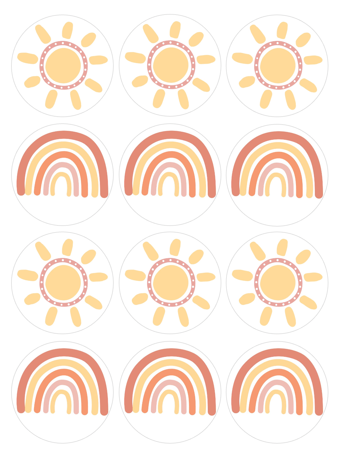 Set of 12 "Sun and Rainbow" pre cut edible image discs for desserts, drink toppers, choose your size