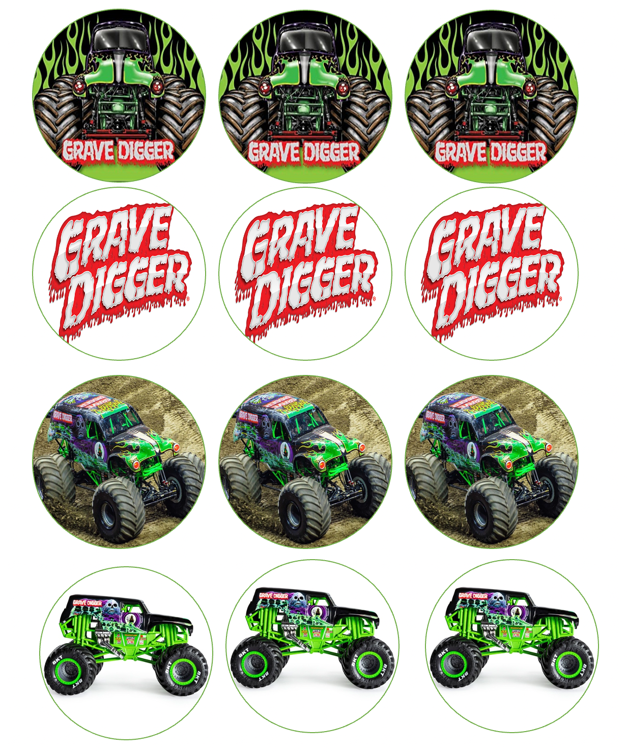 Set of 12 Grave Digger Monster Jam pre cut edible image discs for desserts, choose your size