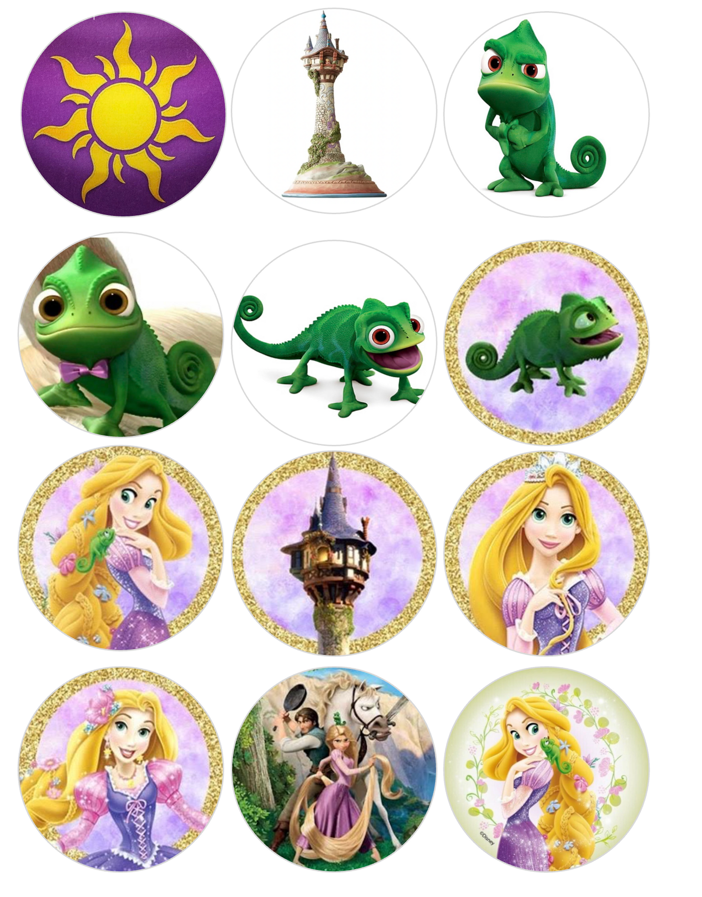 Set of 12 "Tangled" pre cut edible image discs for desserts, drink toppers, choose your size