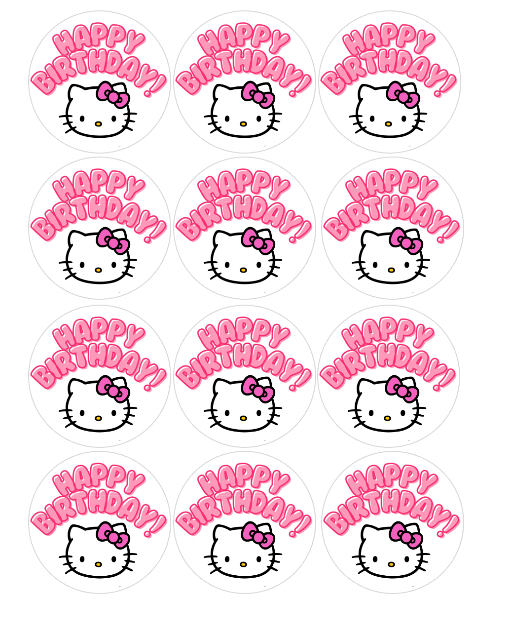 Set of 12 "Hello Kitty Happy Birthday" pre cut edible image discs for desserts, choose your size