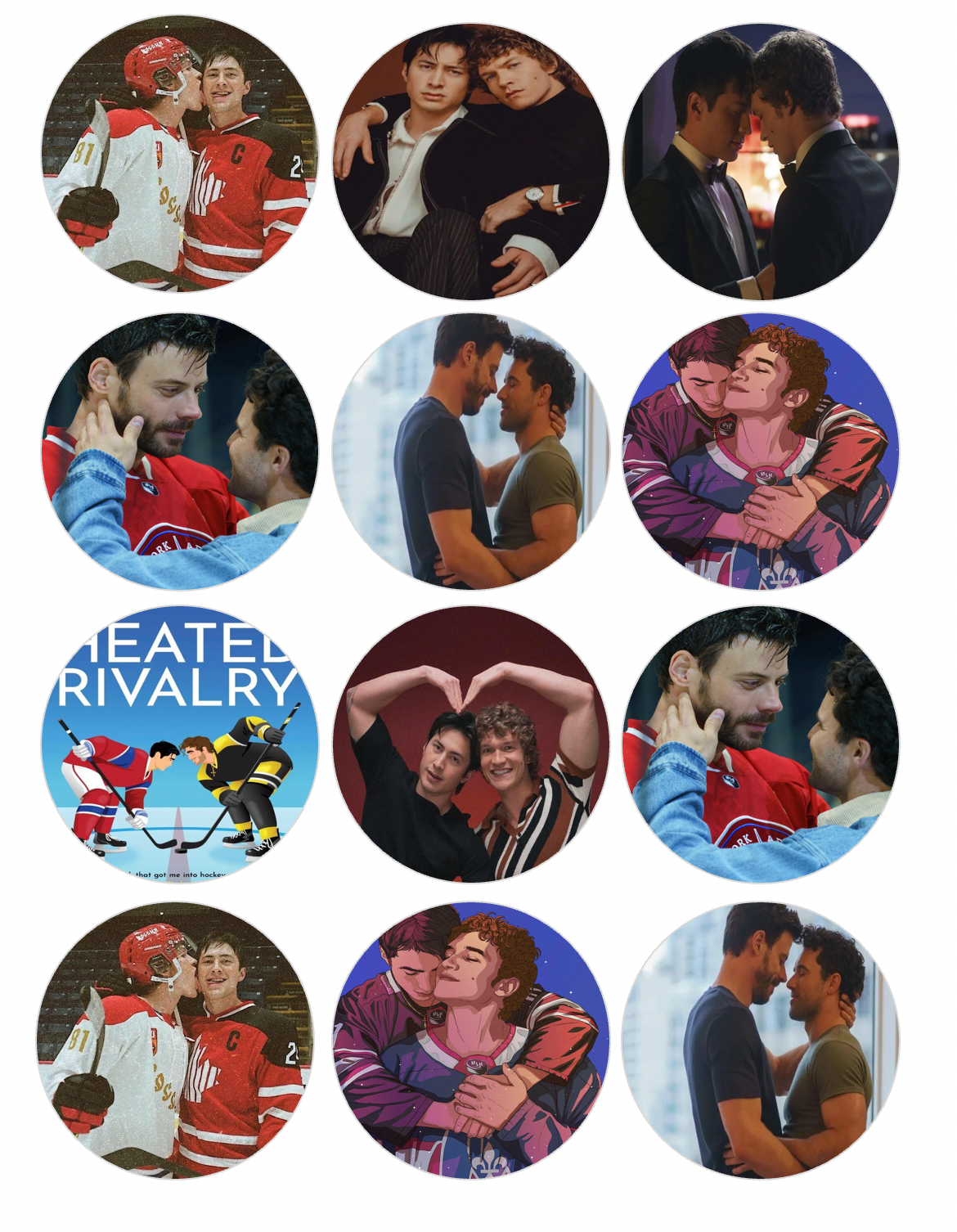 Set of 12 "Heated Rivalry" pre cut edible image discs for desserts, choose your size