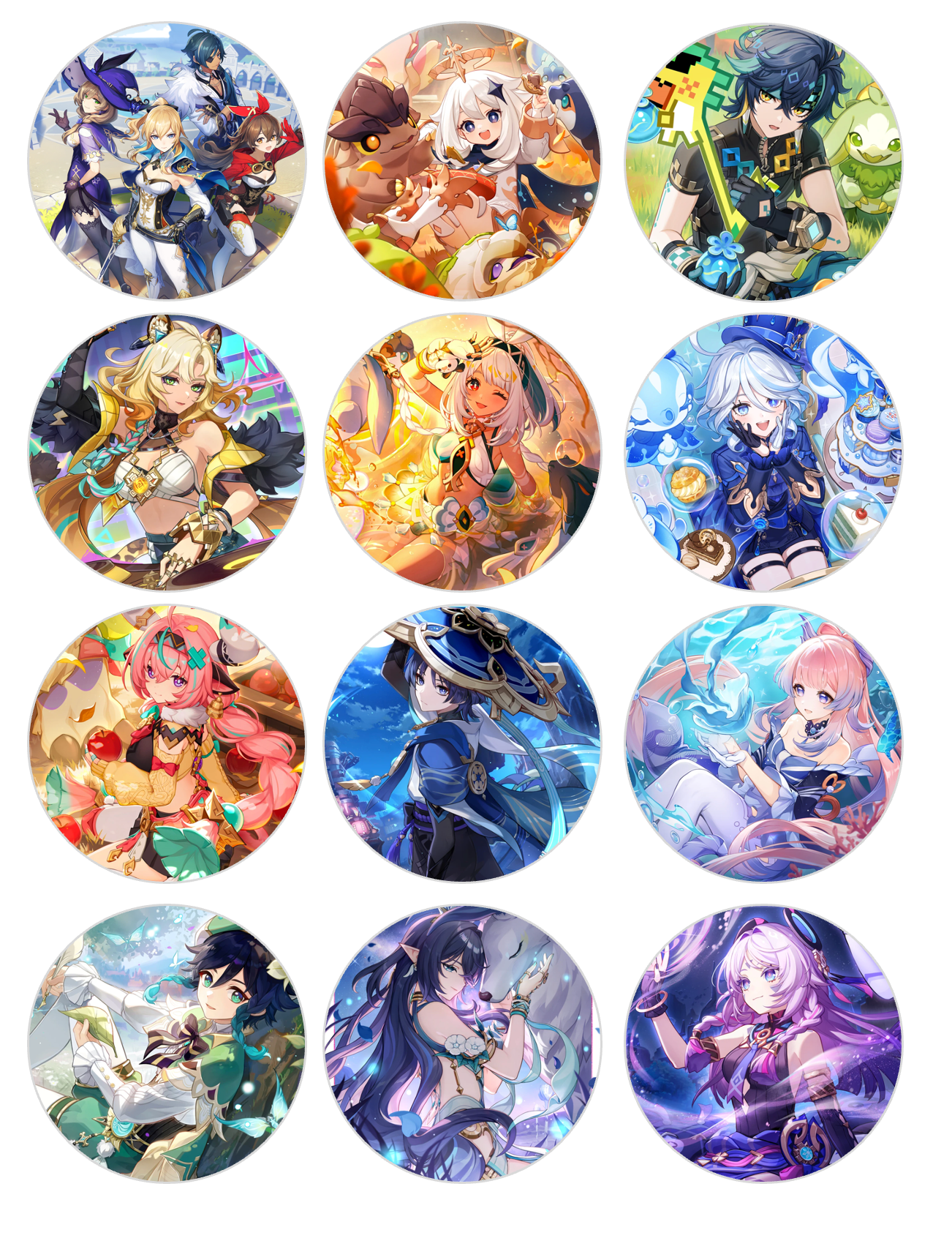Set of 12 "Genshin Impact" pre cut edible image rounds for desserts, choose your size