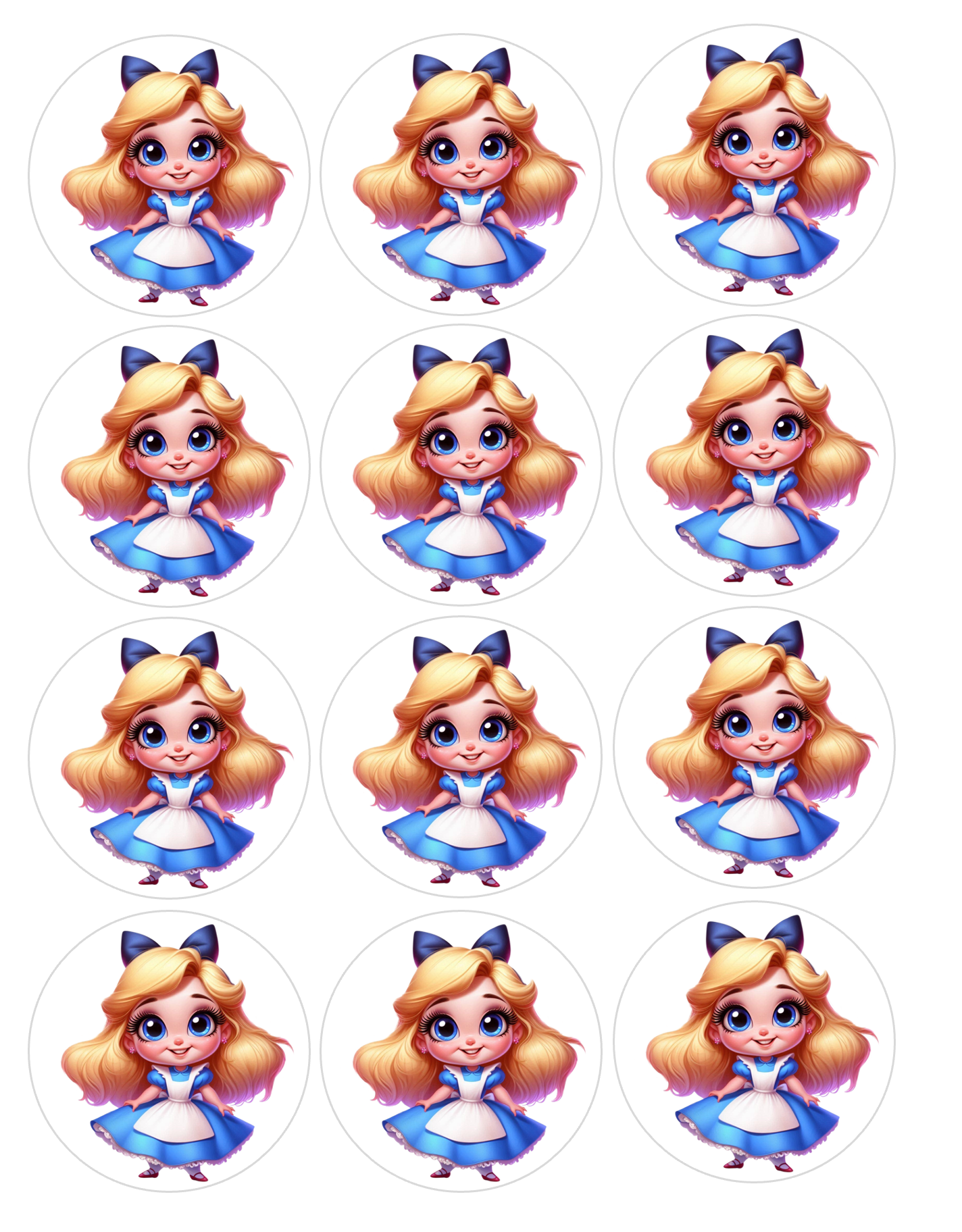 Set of 12 Alice in Wonderland pre cut edible image discs for desserts, choose your size