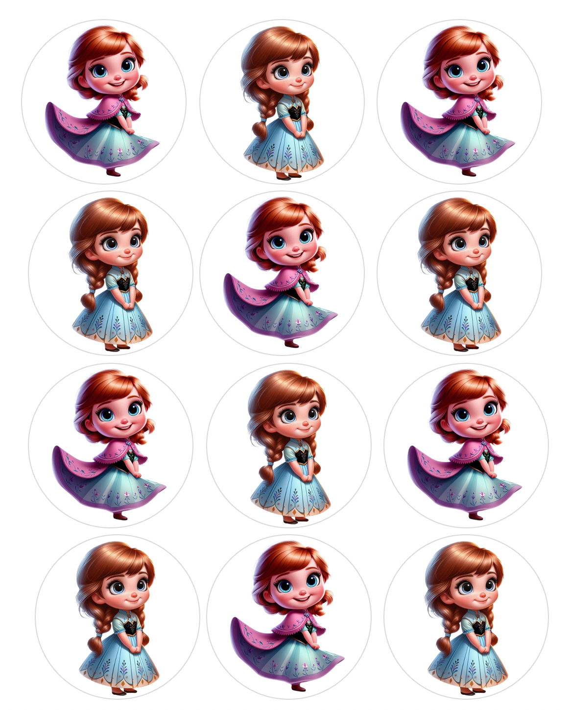 Set of 12 Anna Frozen pre cut edible image discs for desserts, choose your size