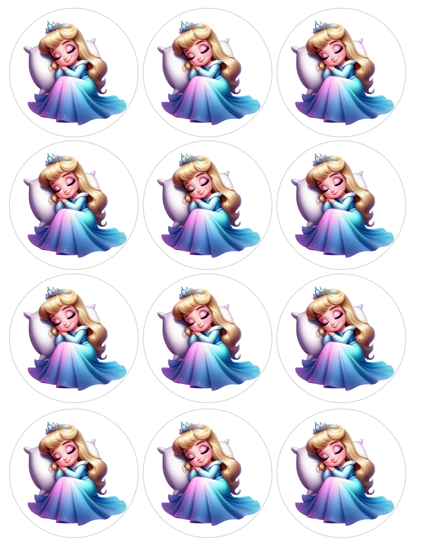 Set of 12 Aurora, Sleeping Beauty pre cut edible image discs for desserts, choose your size