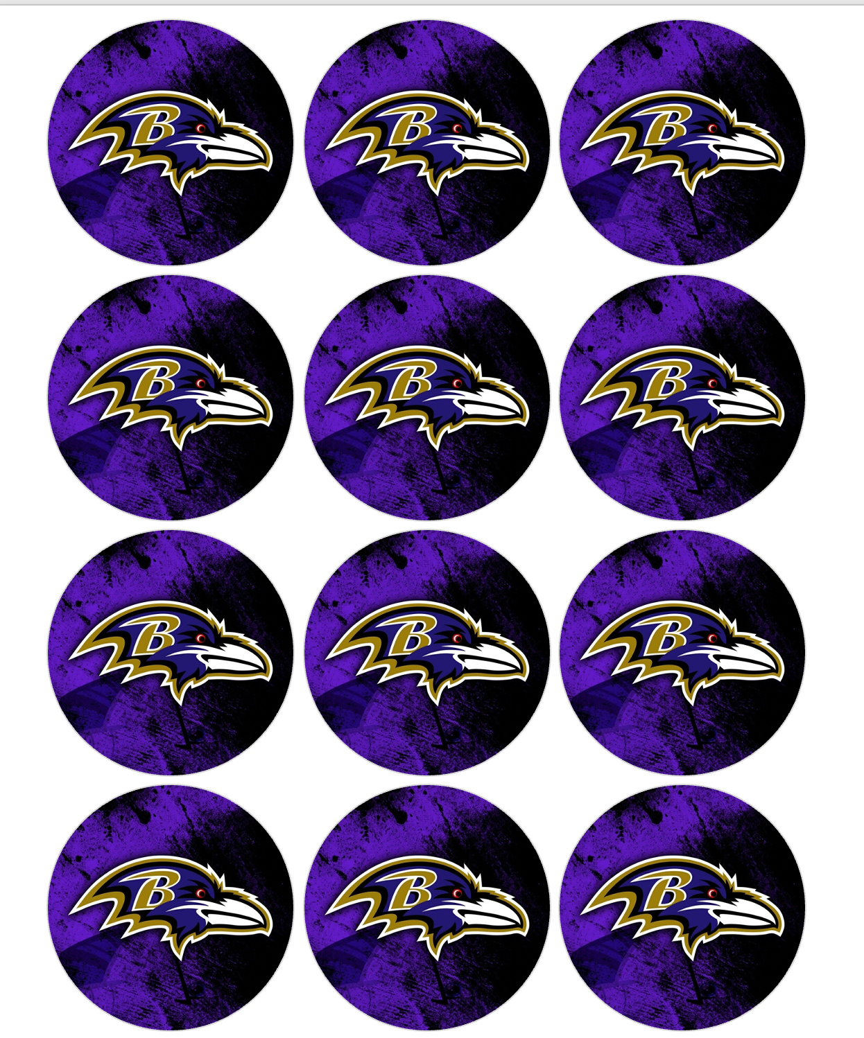 Set of 12 "Baltimore Ravens" pre cut edible image discs for desserts, choose your size