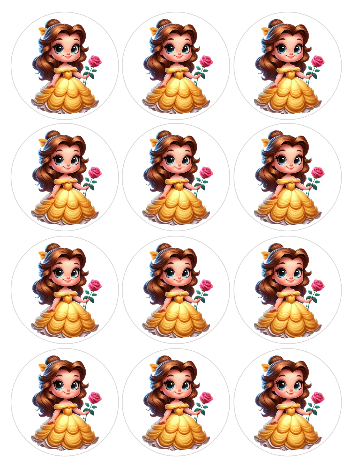 Set of 12 Princess Belle, pre cut edible image discs for desserts, choose your size