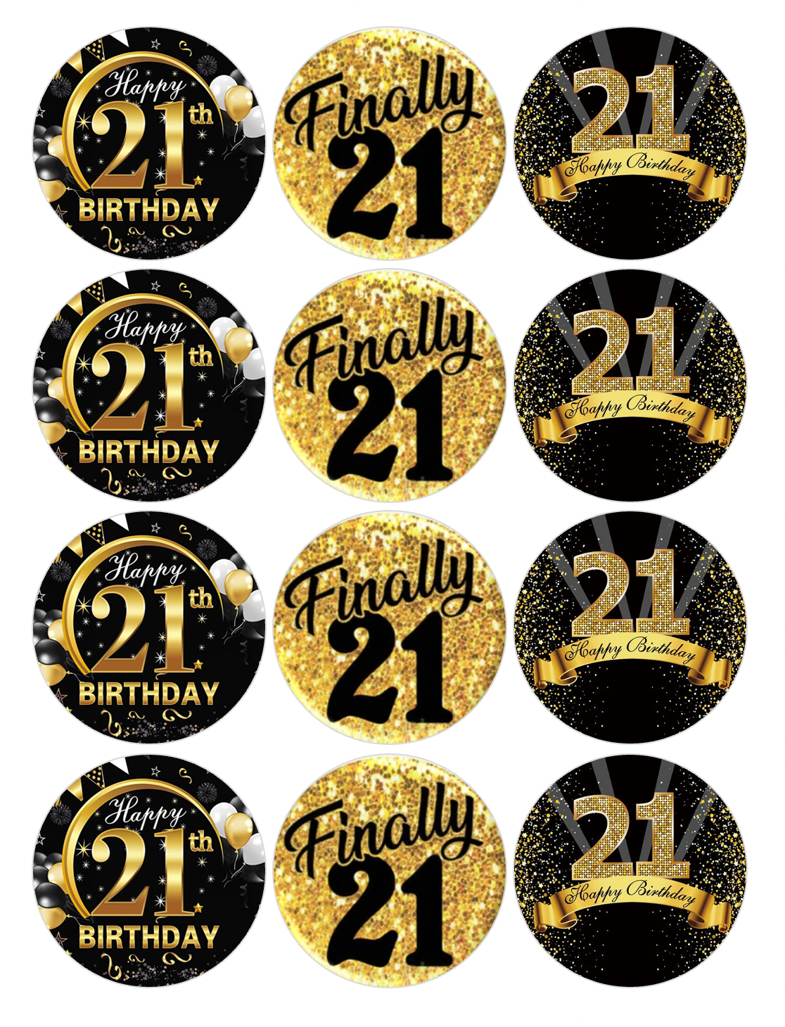 Set of 12 "Black and Gold 21st Birthday" pre cut edible image discs for desserts, choose your size