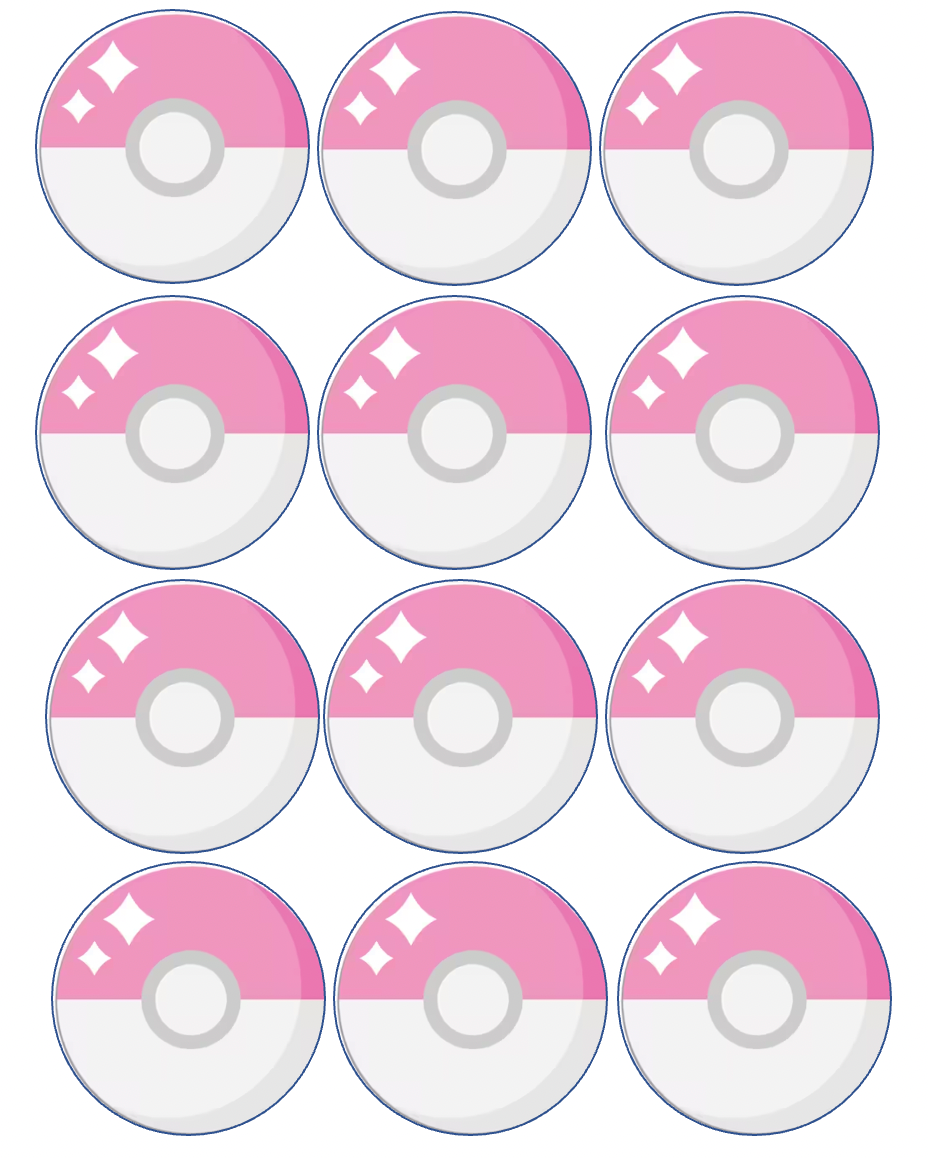 Set of 12 "Pink Pokemon Pokeball" pre cut edible image discs for desserts, choose your size