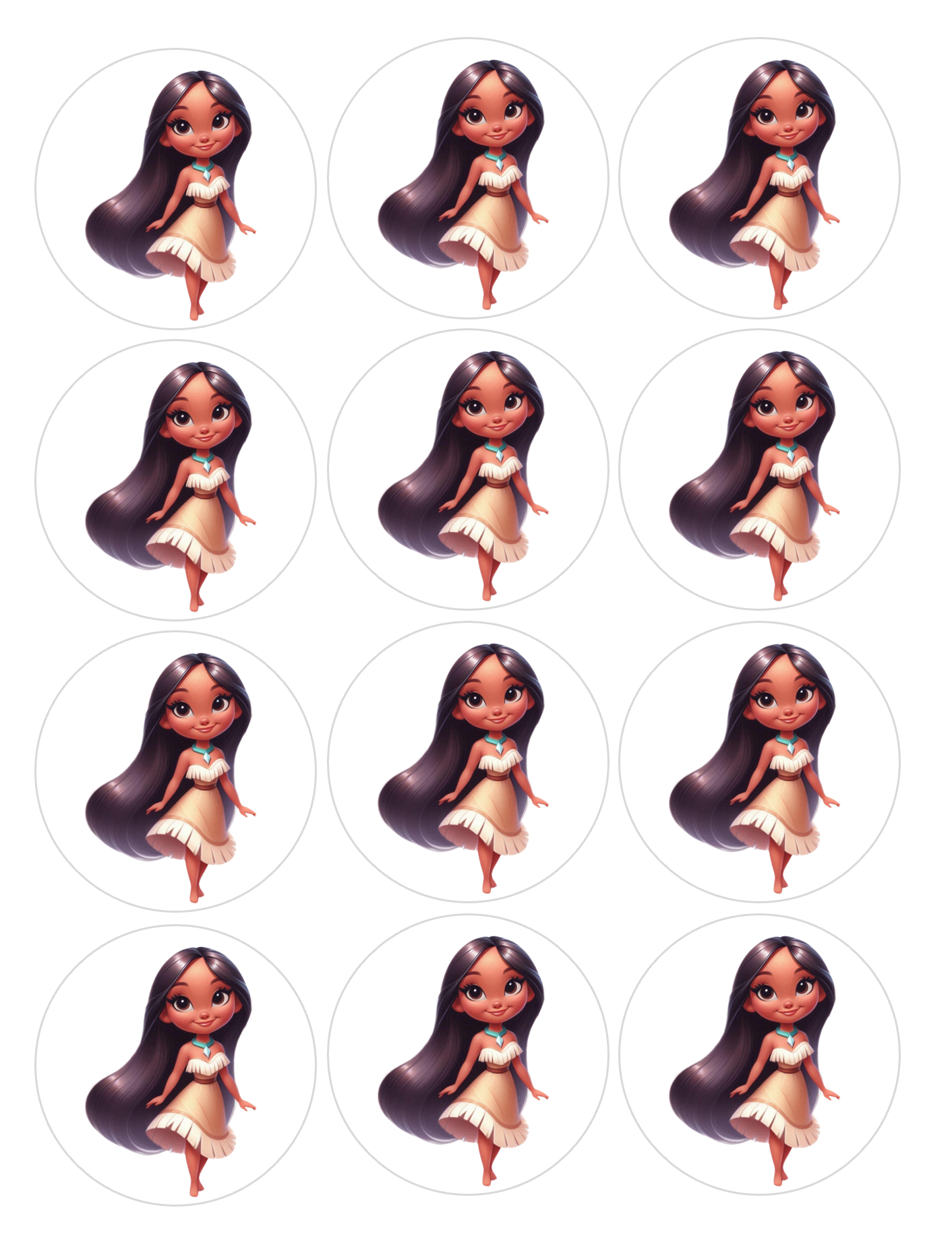 Set of 12 Pocahontas, pre cut edible image discs for desserts, choose your size