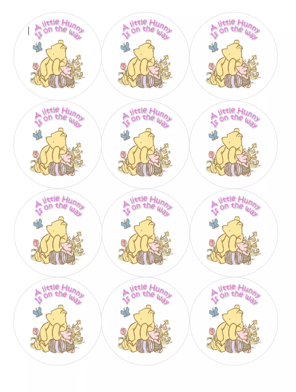 Set of 12 "Winnie the Pooh, A Little Hunny is on the Way" pre cut edible image discs for desserts, drink toppers, choose your size