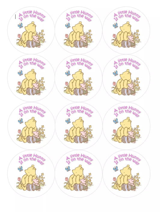 Set of 12 "Winnie the Pooh, A Little Hunny is on the Way" pre cut edible image discs for desserts, drink toppers, choose your size