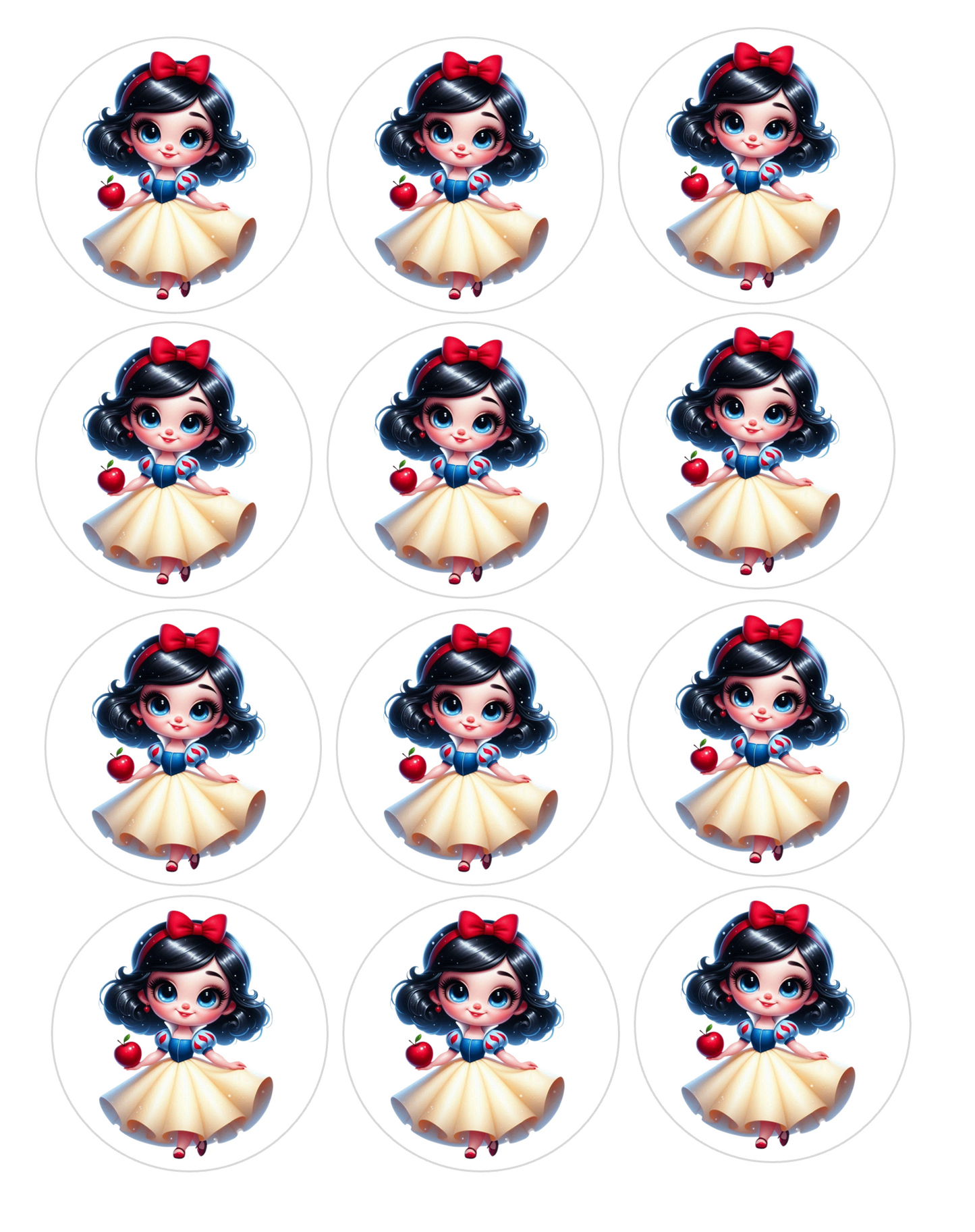 Set of 12 Snow White pre cut edible image discs for desserts, choose your size