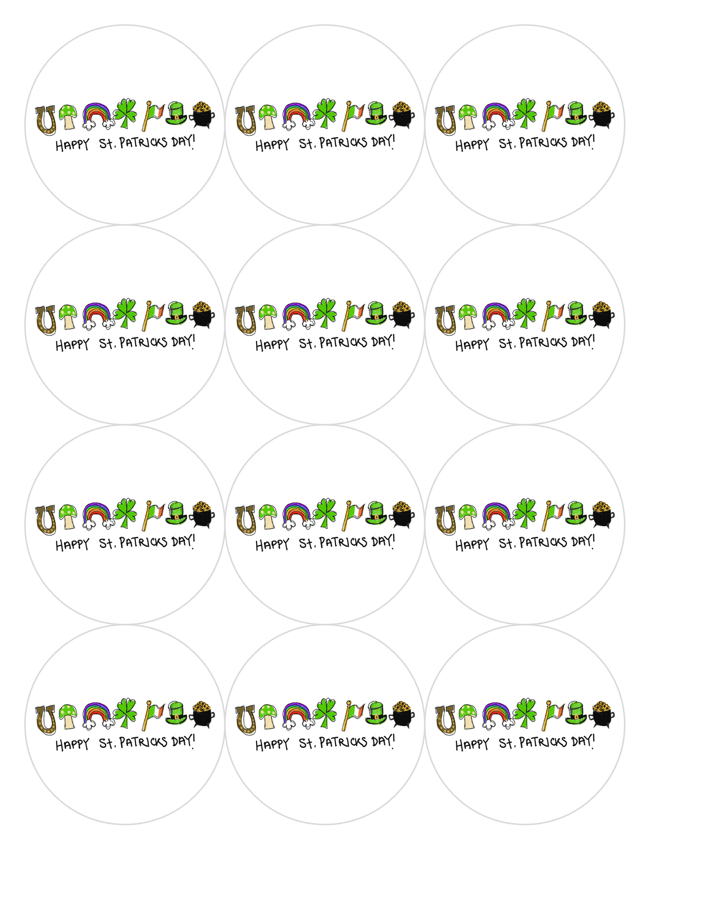 Set of 12 "Happy St. Patricks Day" pre cut edible image discs for desserts, drink toppers, choose your size