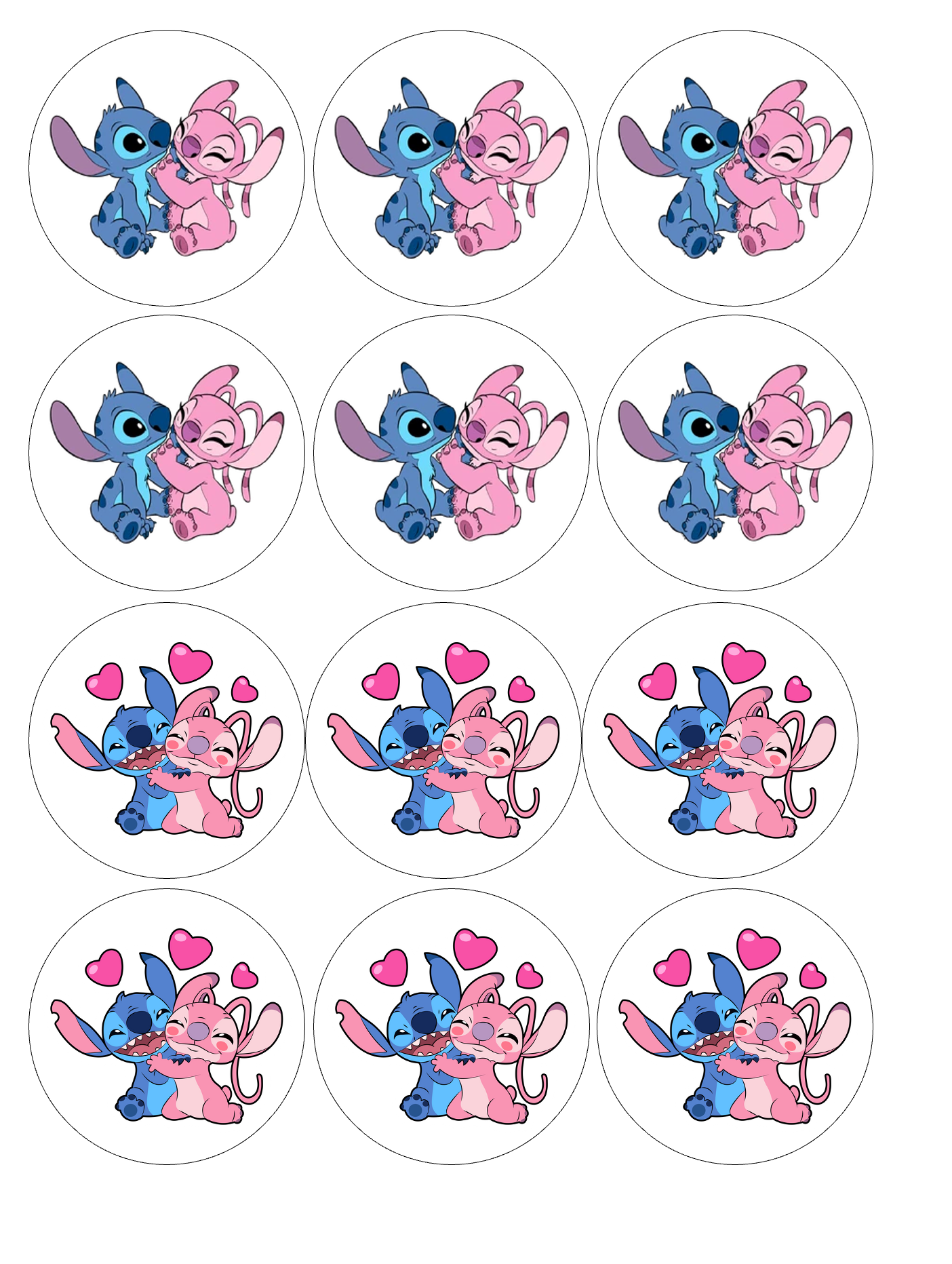 Set of 12 "Stitch and Angel" pre cut edible image discs for desserts, drink toppers, choose your size