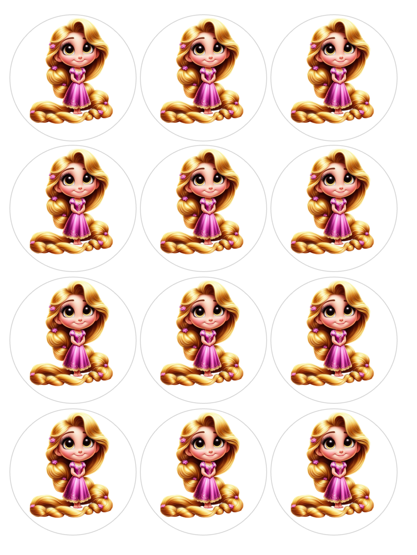 Set of 12 Rapunzel Tangled, pre cut edible image discs for desserts, choose your size