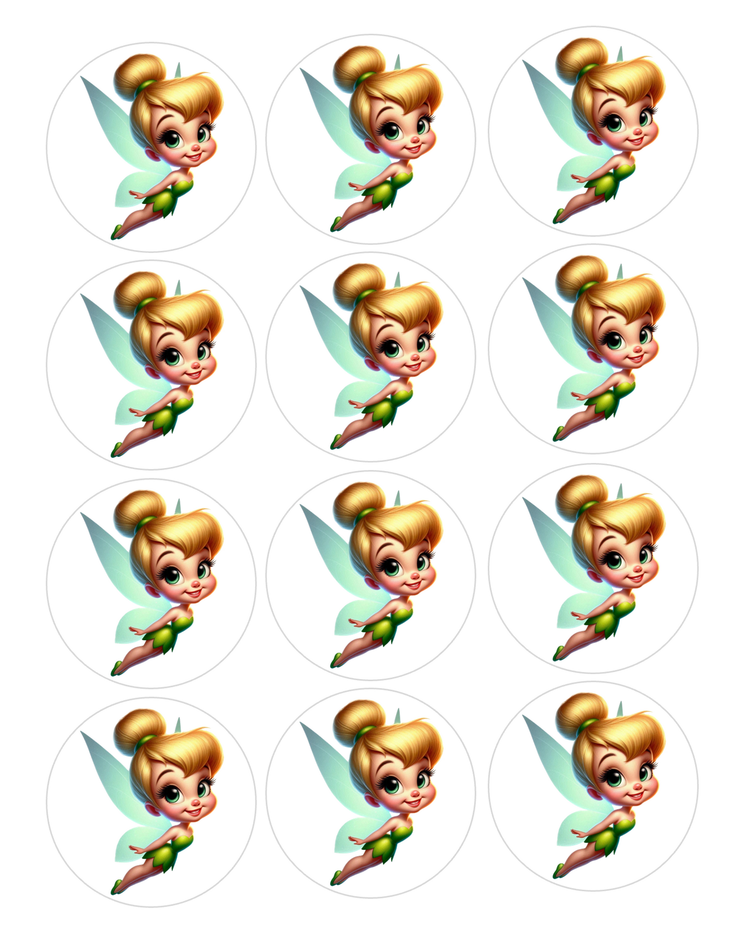 Set of 12 Tinkerbell pre cut edible image discs for desserts, choose your size