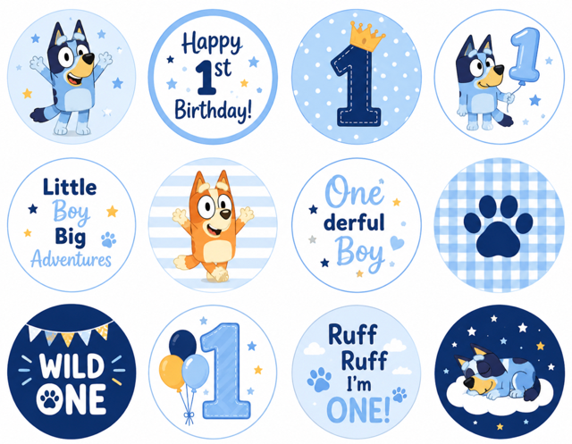 Set of 12 Bluey 1st Birthday Boy edible images rounds for desserts, pre cut, many sizes available