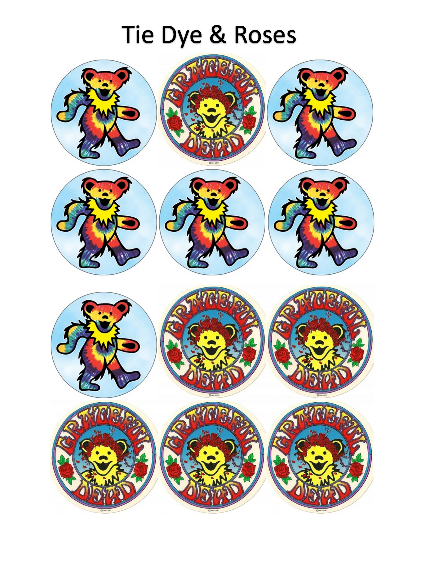 Set of 12 edible images for desserts, drink toppers, pre cut, many sizes available- Grateful Dead dancing bears
