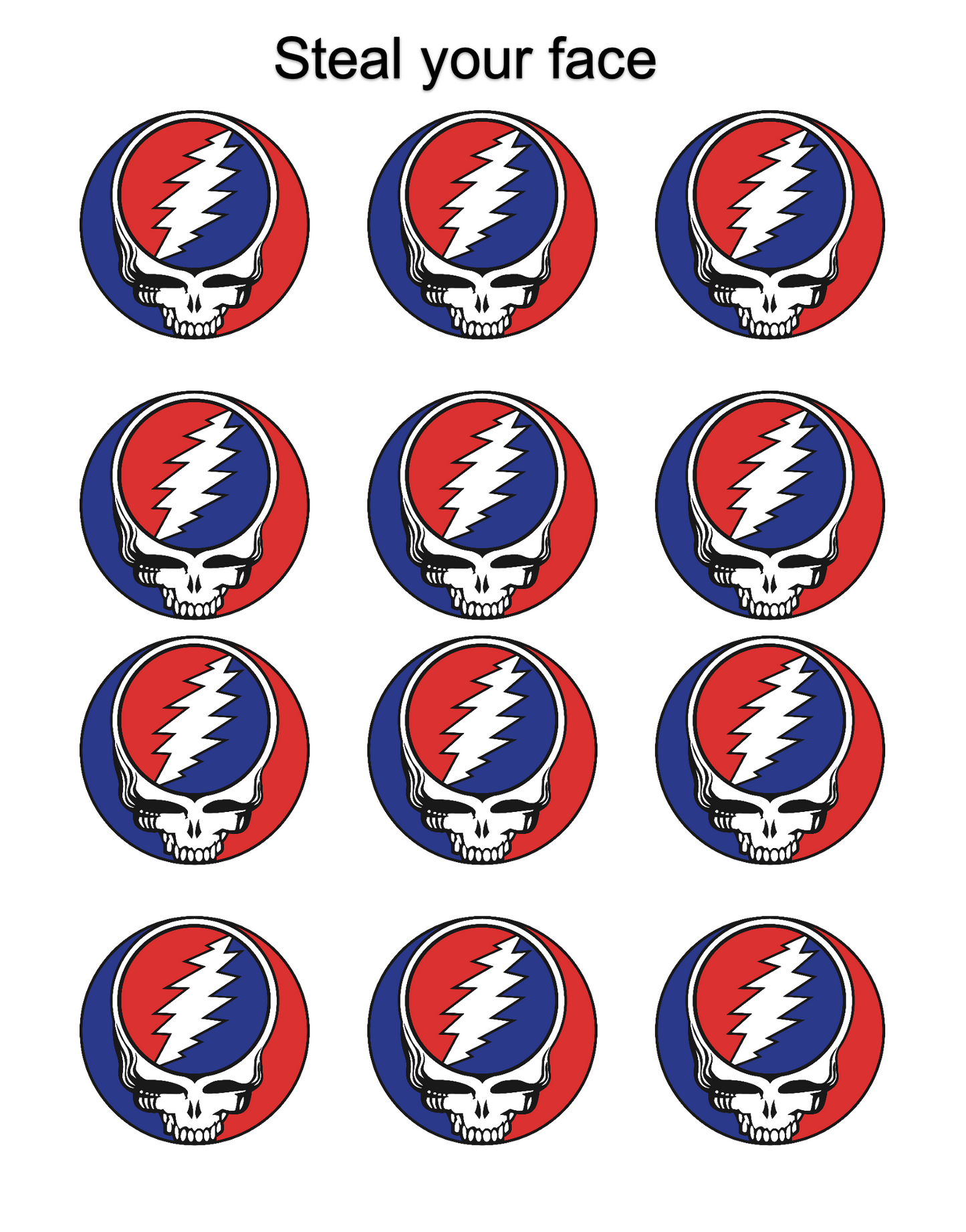 Set of 12 edible images for desserts, drink toppers, pre cut, many sizes available- Grateful Dead, steal your face SYF