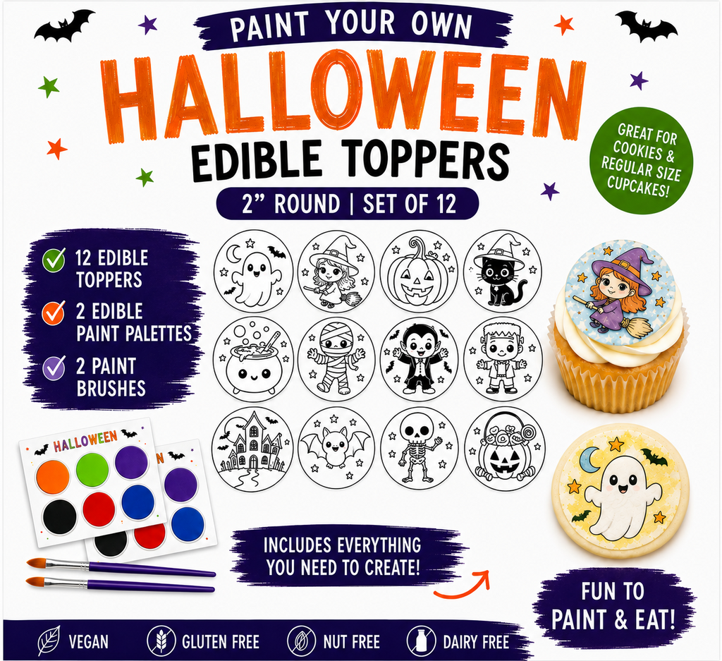Paint Your Own Halloween Edible Cupcake Toppers | 2" Set of 12 + Edible Paint Kit