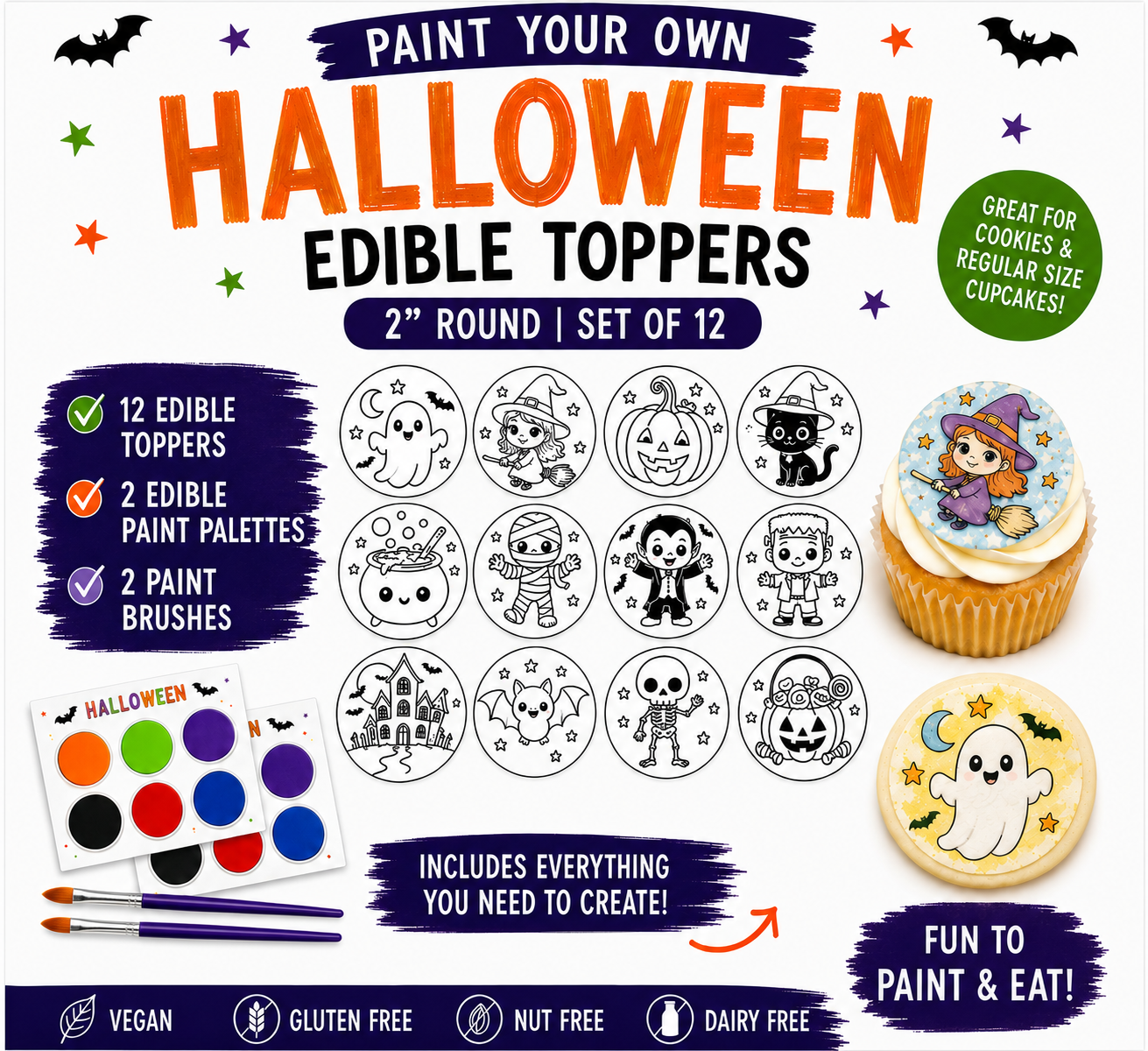 Paint Your Own Halloween Edible Cupcake Toppers | 2" Set of 12 + Edible Paint Kit