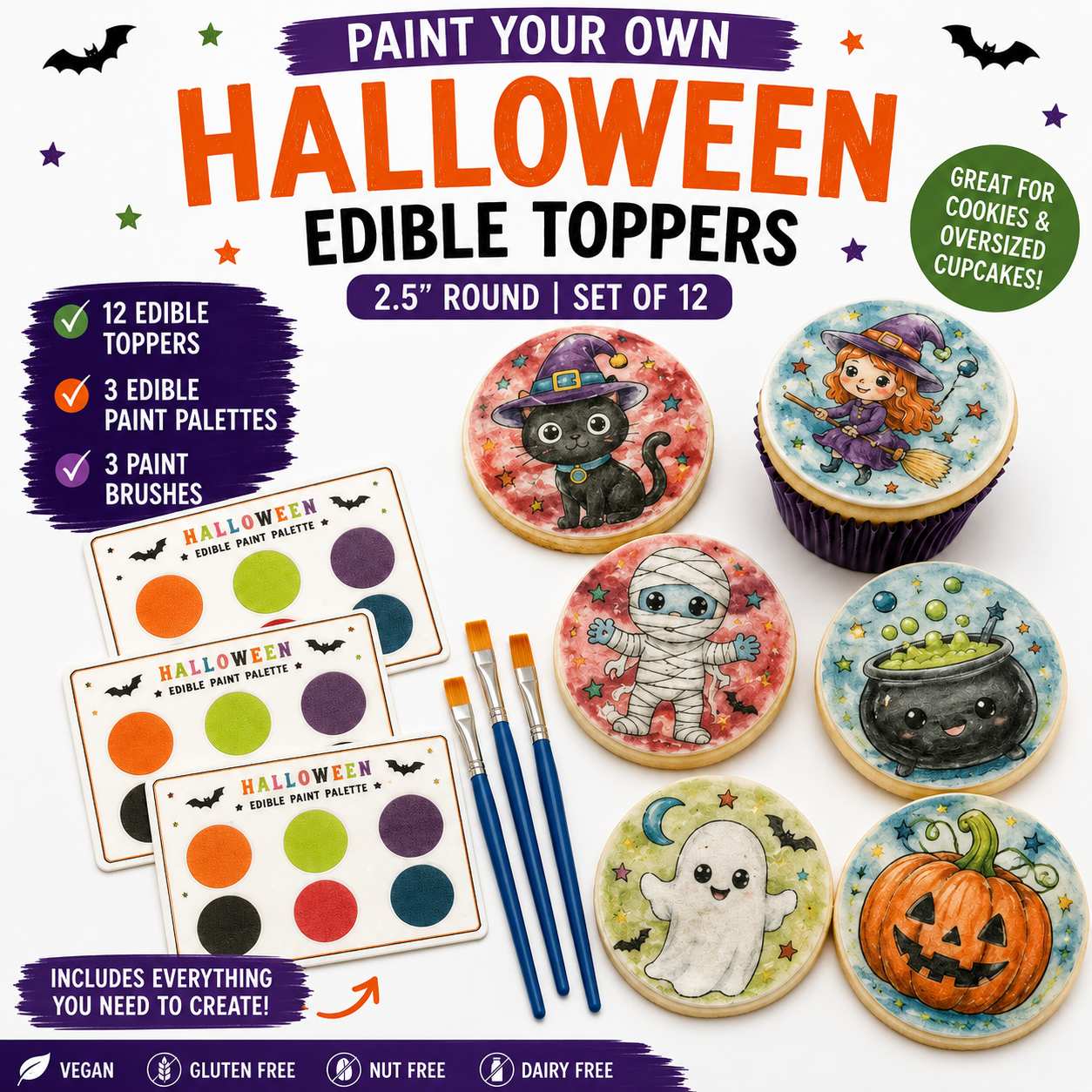 Paint Your Own Halloween Edible Cookie Toppers | 2.5" Set of 12 + Edible Paint Kit
