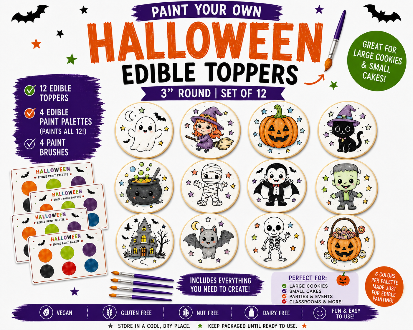Paint Your Own Halloween Edible Cookie Toppers | 3 inch Set of 12 + Edible Paint Kit